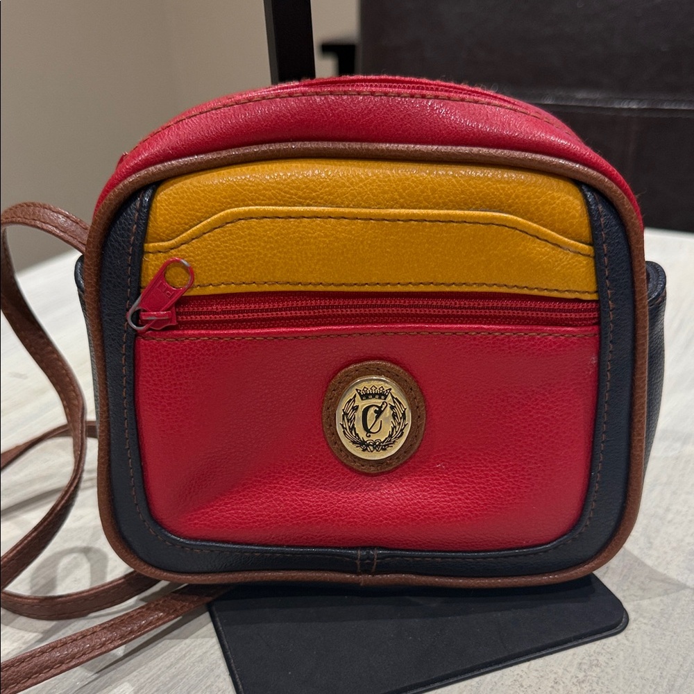 Compact Red and Yellow Leather Crossbody with Crest Accent